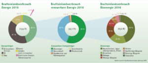 Kreisdiagramme Bruttoinlandsverbrauch Energie, Erneuerbare Energie und Bioenergie 2016 Salzburg