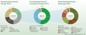 Kreisdiagramme Bruttoinlandsverbrauch Energie, Erneuerbare Energie und Bioenergie 2016 Oberösterreich